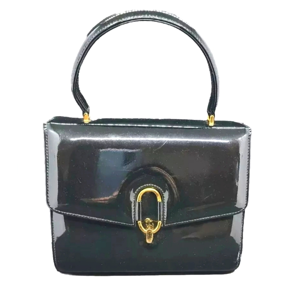 Vintage Black Patent Leather "Pill Box" Style Hand Bag Hard Shell Gold Hardware